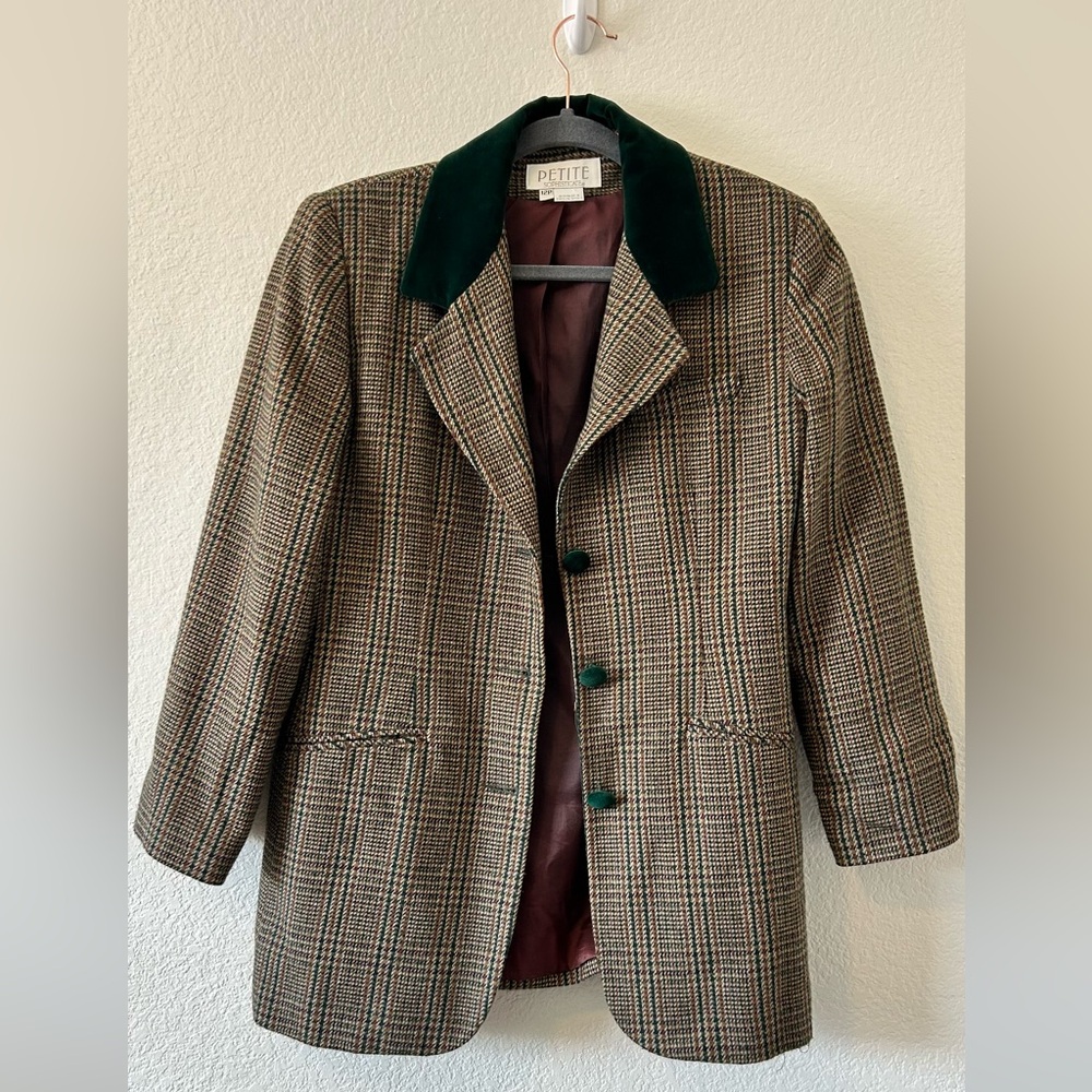 Vintage Equestrian Petite Sophisticate Houndstooth Green/Brown Jacket SZ 12P‎